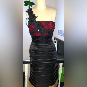 B. Smart One Shoulder Vintage Mini Black and Red ruched Dress 3